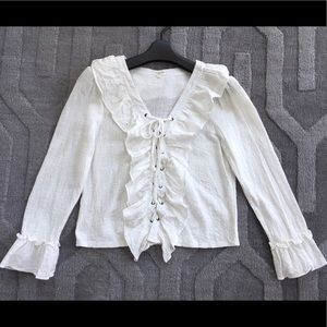 Tea & Cup Front Lace-up Ruffle Blouse 100% Cotton